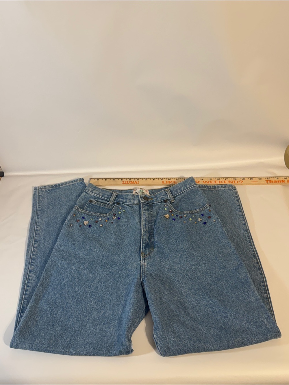 Vintage ‘Essentials Washed Jeans’ Classic Blue Embellished High-Rise Jeans